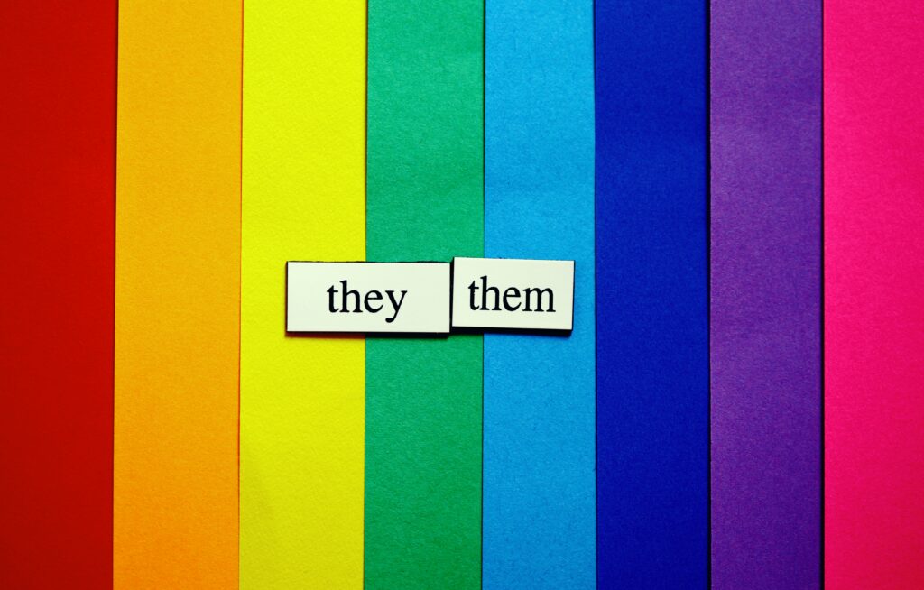 rainbow stripes, with two word blocks - they and them.