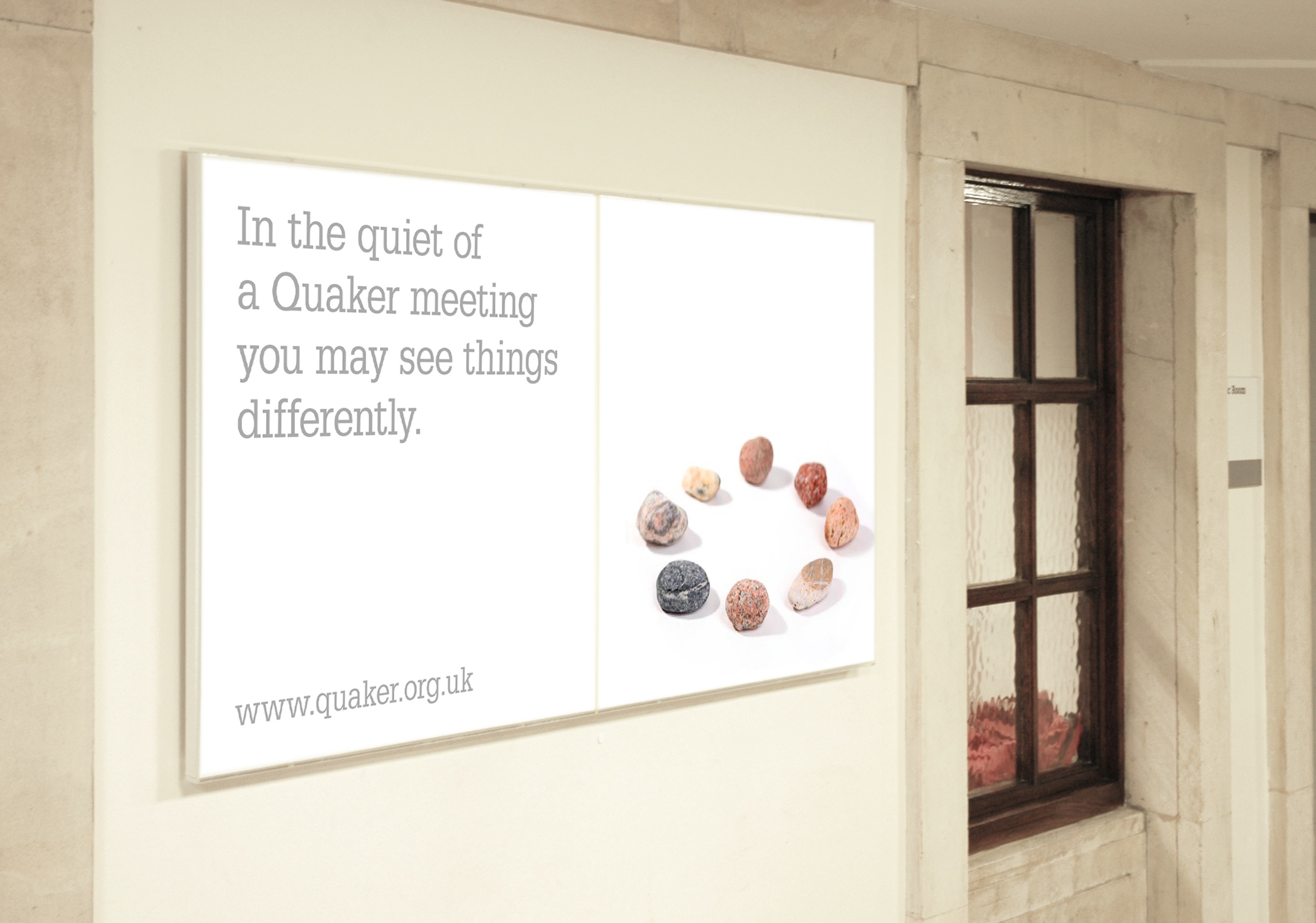 poster saying, 'in the quiet of a Quaker meeting you may see things differently'