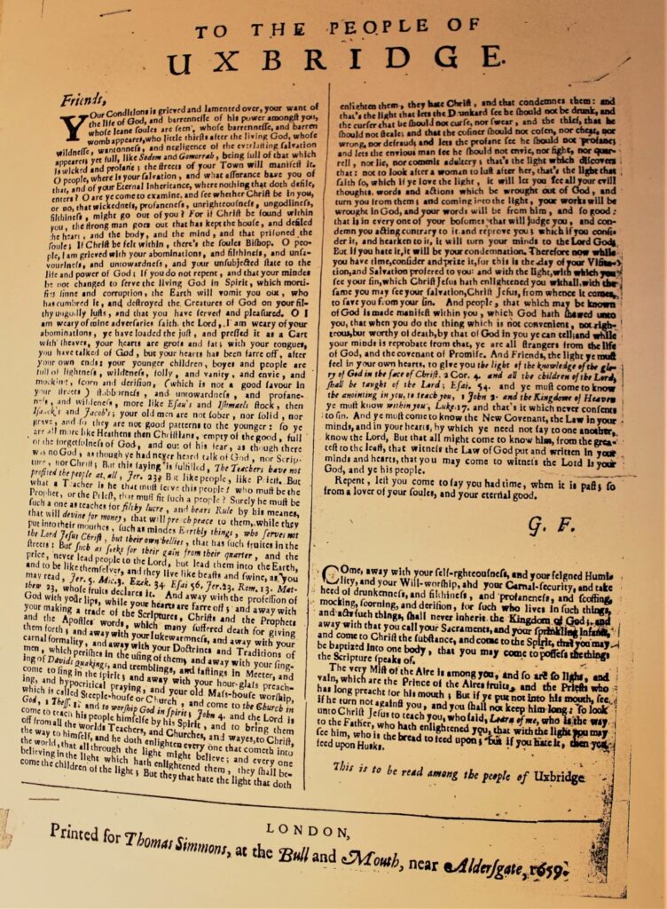 a photo of the letter from George Fox to the people of Uxbridge