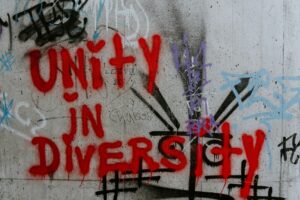 Graffiti saying, 'unity in diversity'